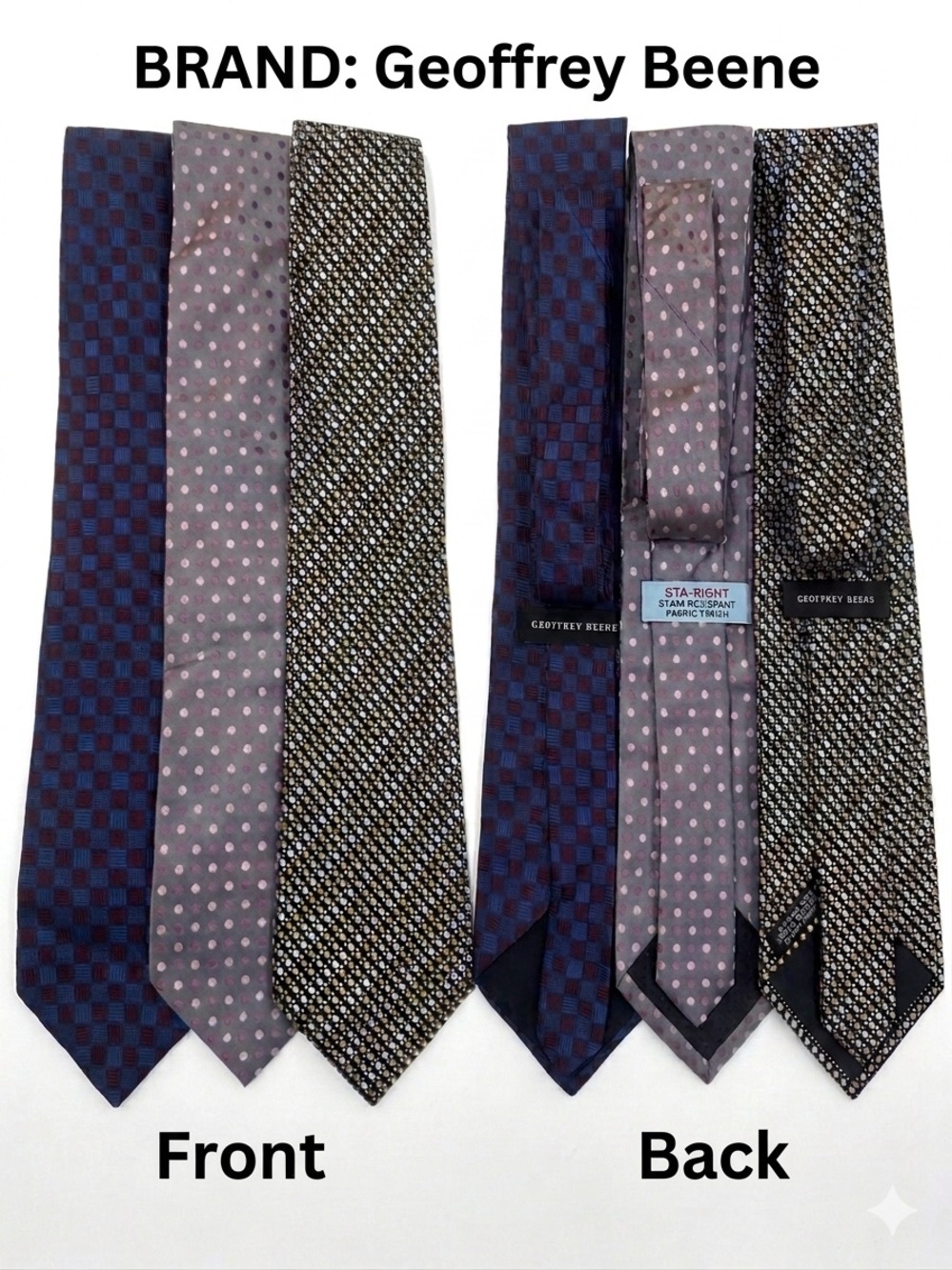 Lot of 3 Geoffrey Beene Men's 100% Silk Ties Geometric Polka Dot Blue Gray Gold